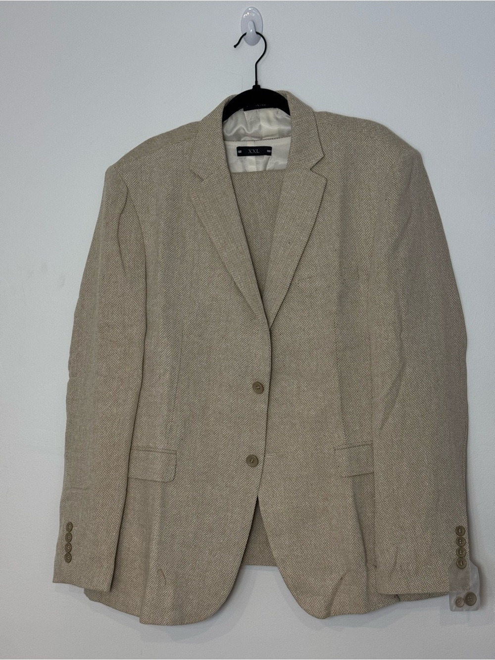Men's 3-Piece Suit XXL Beige Herringbone Tweed Blazer Jacket Vest Trousers Set